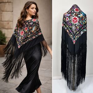 Vintage Silk Spanish Flamenco Mantón Embroidered Shawl Floral Bird Fringe Boho